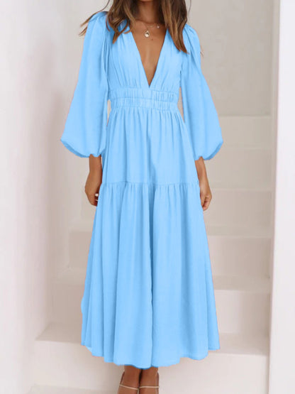 Deep V-Neck Balloon Sleeve Plain Maxi Dress-Angel Casuals