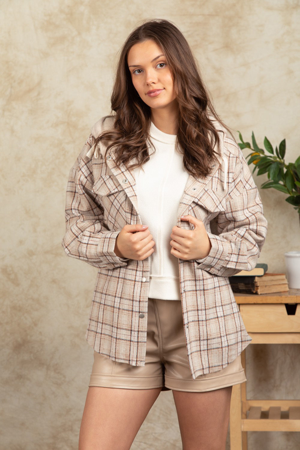 Drawstring Plaid Long Sleeve Hooded Jacket-Angel Casuals