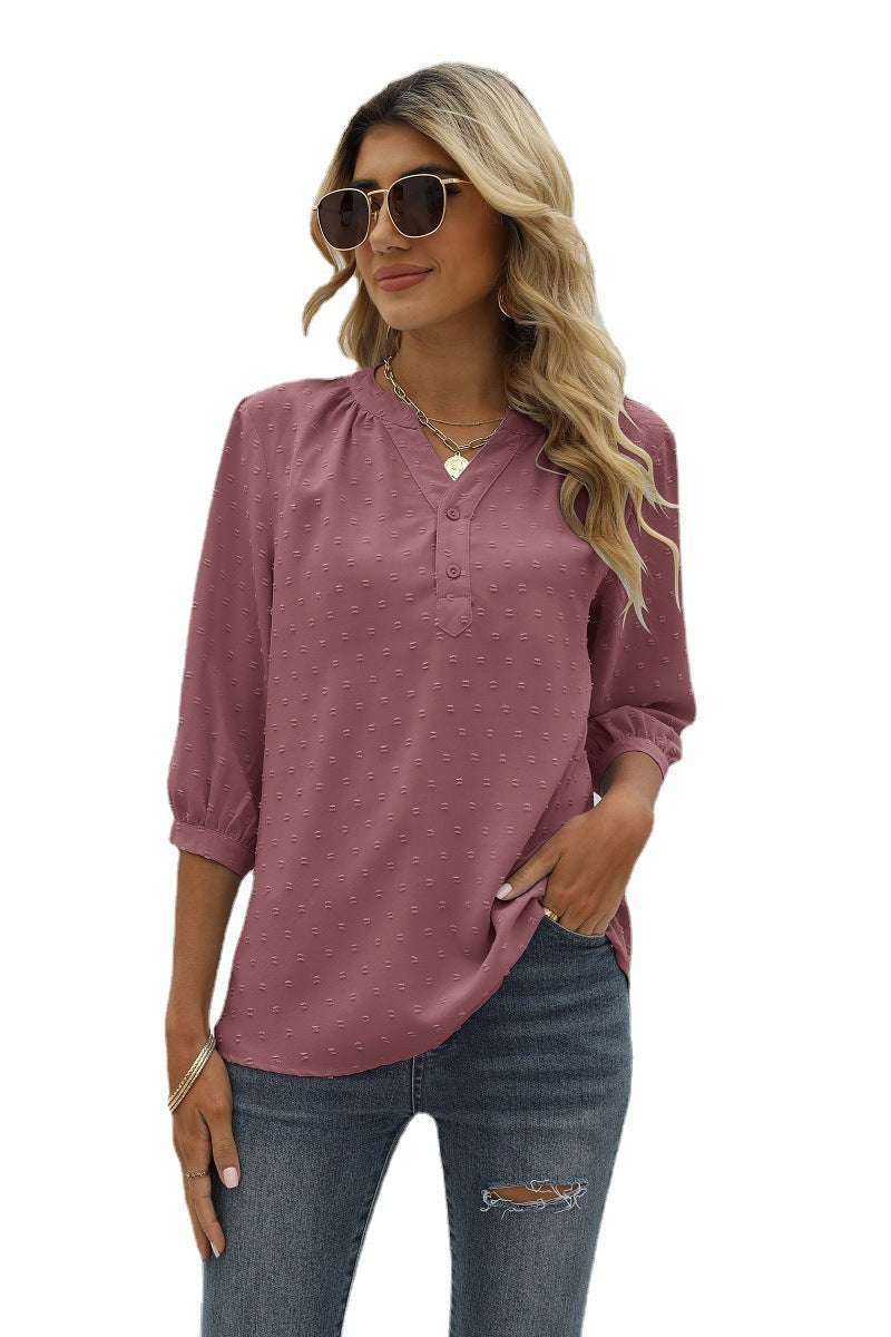 Swiss Dot Notched Neck Three-Quarter Sleeve Blouse-Angel Casuals