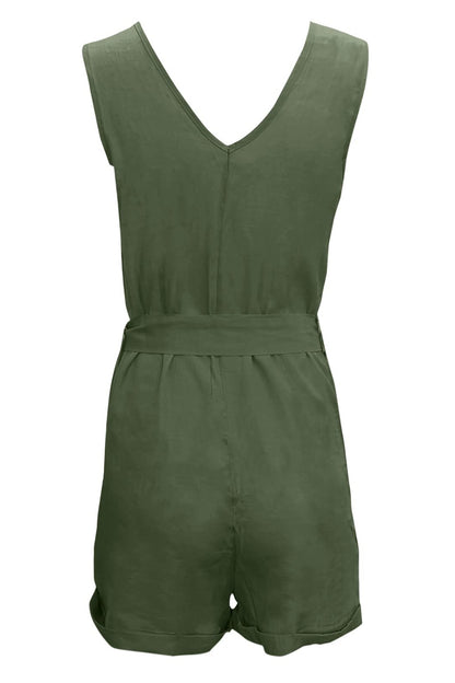 Full Size Tied V-Neck Sleeveless Romper with Pockets-Angel Casuals