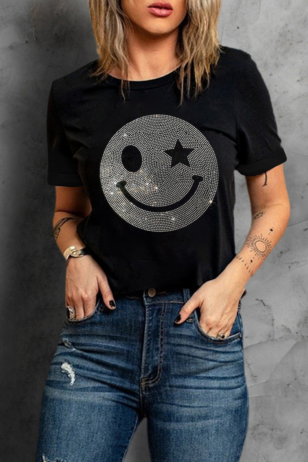 Rhinestone Smiley Round Neck Short Sleeve T-Shirt-Angel Casuals