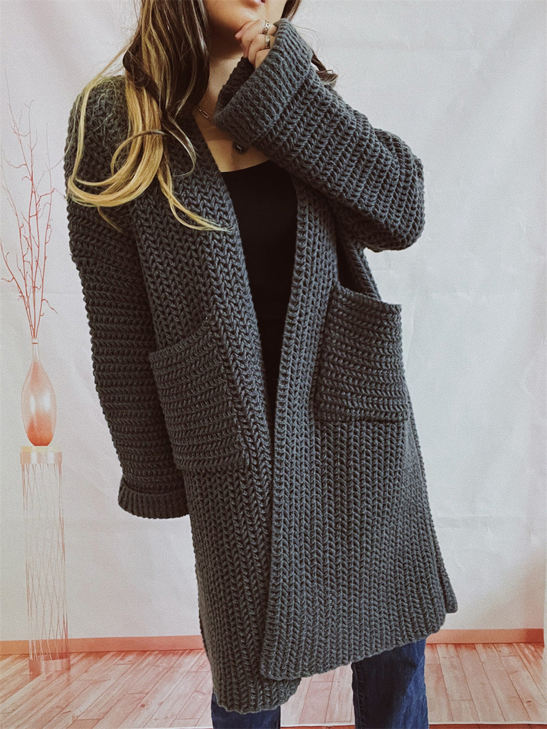 Open Front Long Sleeve Cardigan with Pockets-Angel Casuals