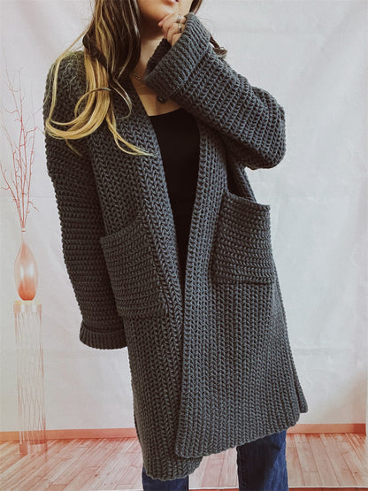 Open Front Long Sleeve Cardigan with Pockets-Angel Casuals