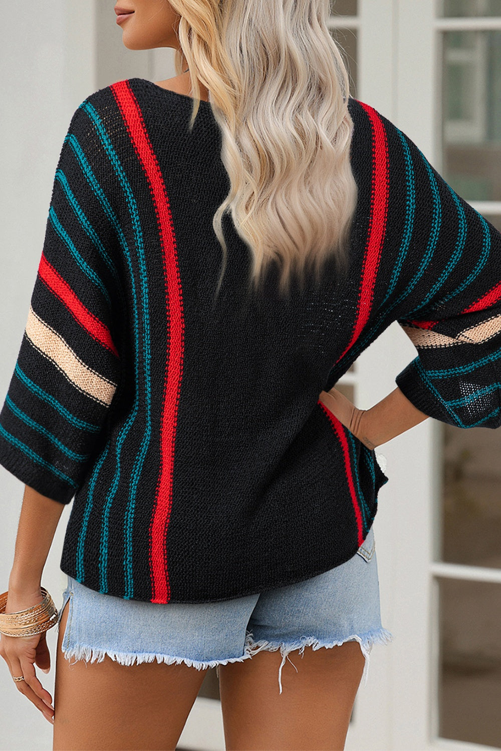 Striped Boat Neck Three-Quarter Sleeve Knit Top-Angel Casuals