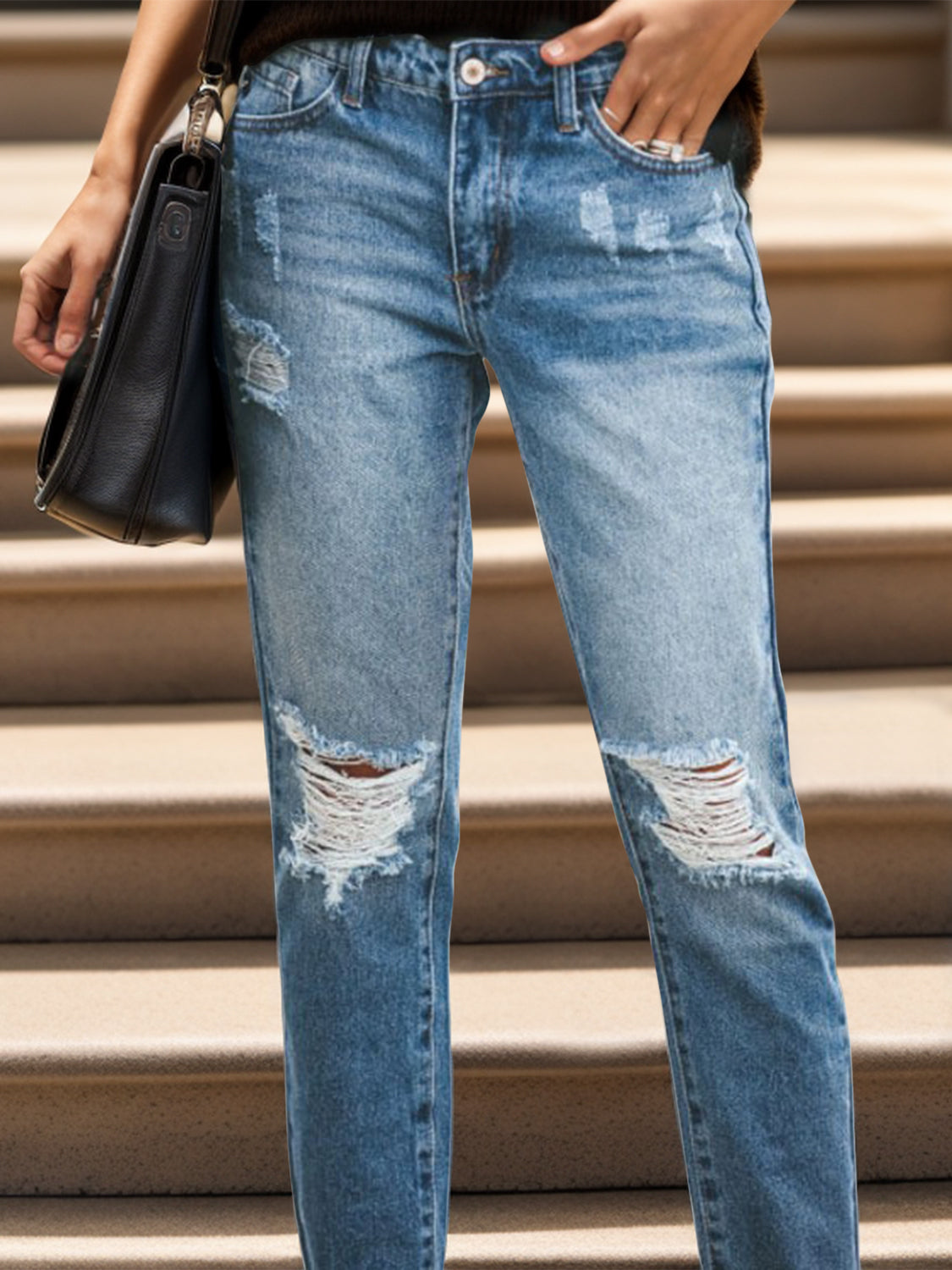 Distressed Raw Hem Jeans with Pockets-Angel Casuals