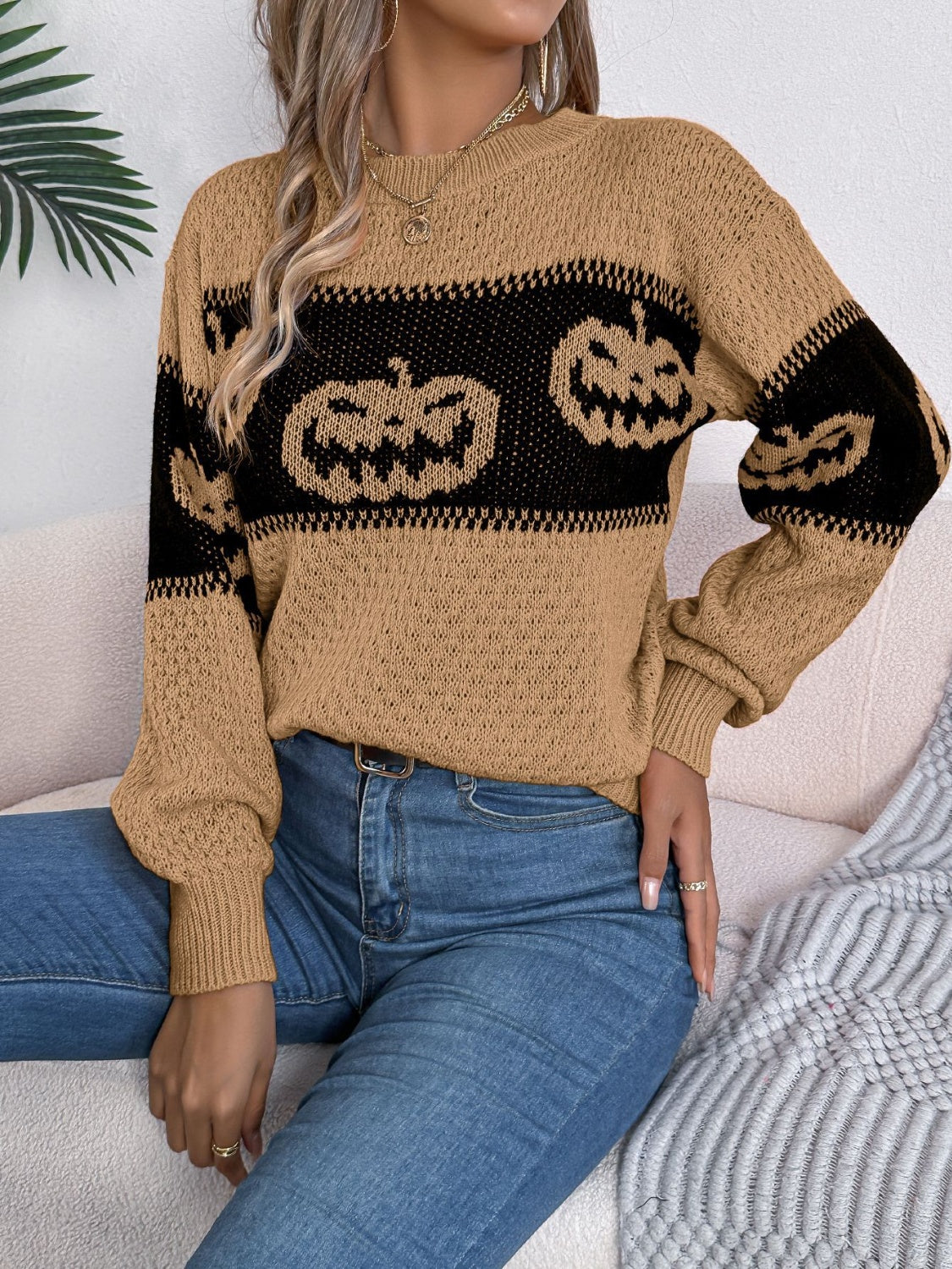 Pumpkin Round Neck Long Sleeve Sweater-Angel Casuals