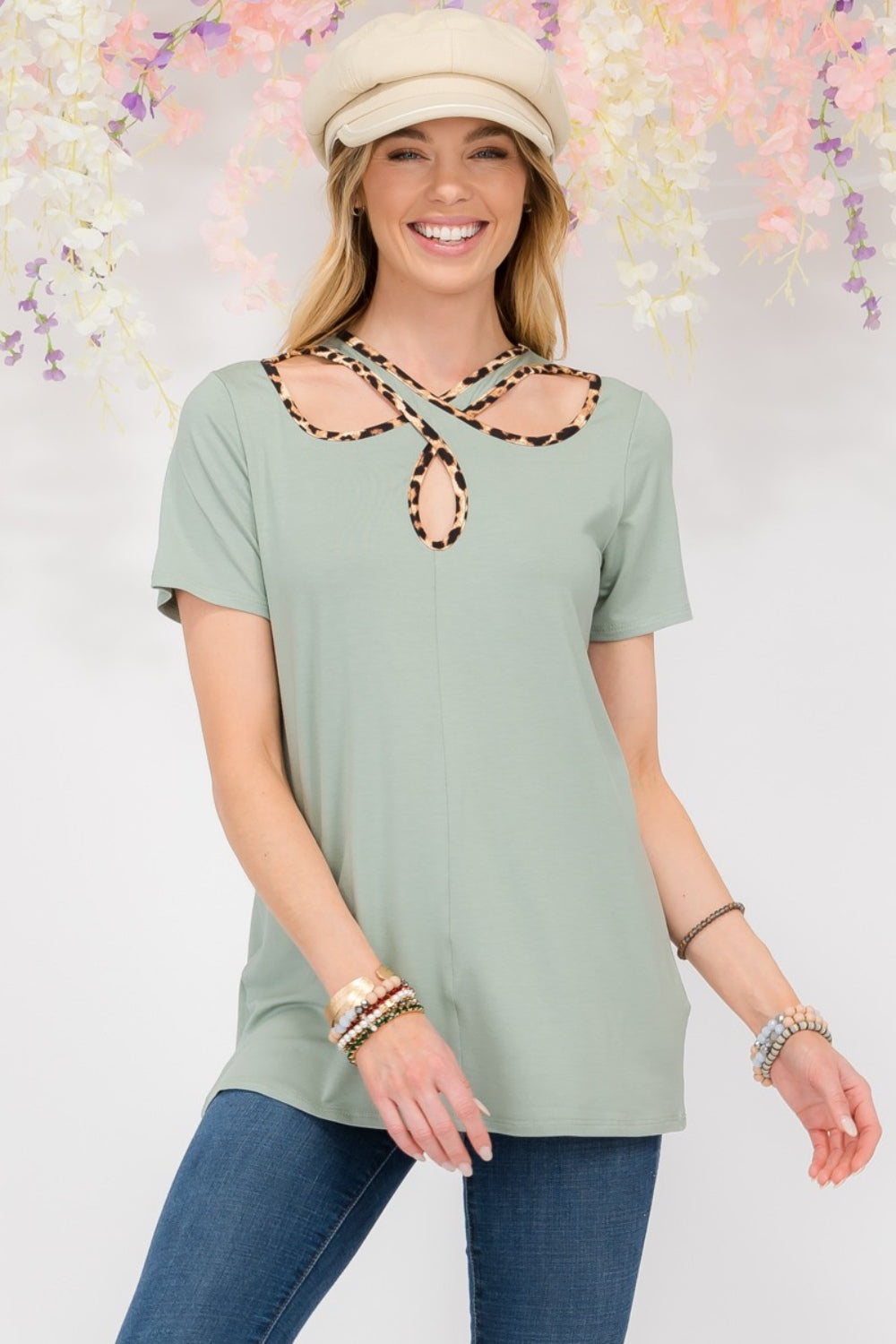 Celeste Full Size Crisscross Cutout Leopard Contrast Trim T-Shirt-Angel Casuals