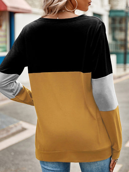 Color Block Cutout Round Neck Long Sleeve T-Shirt-Angel Casuals