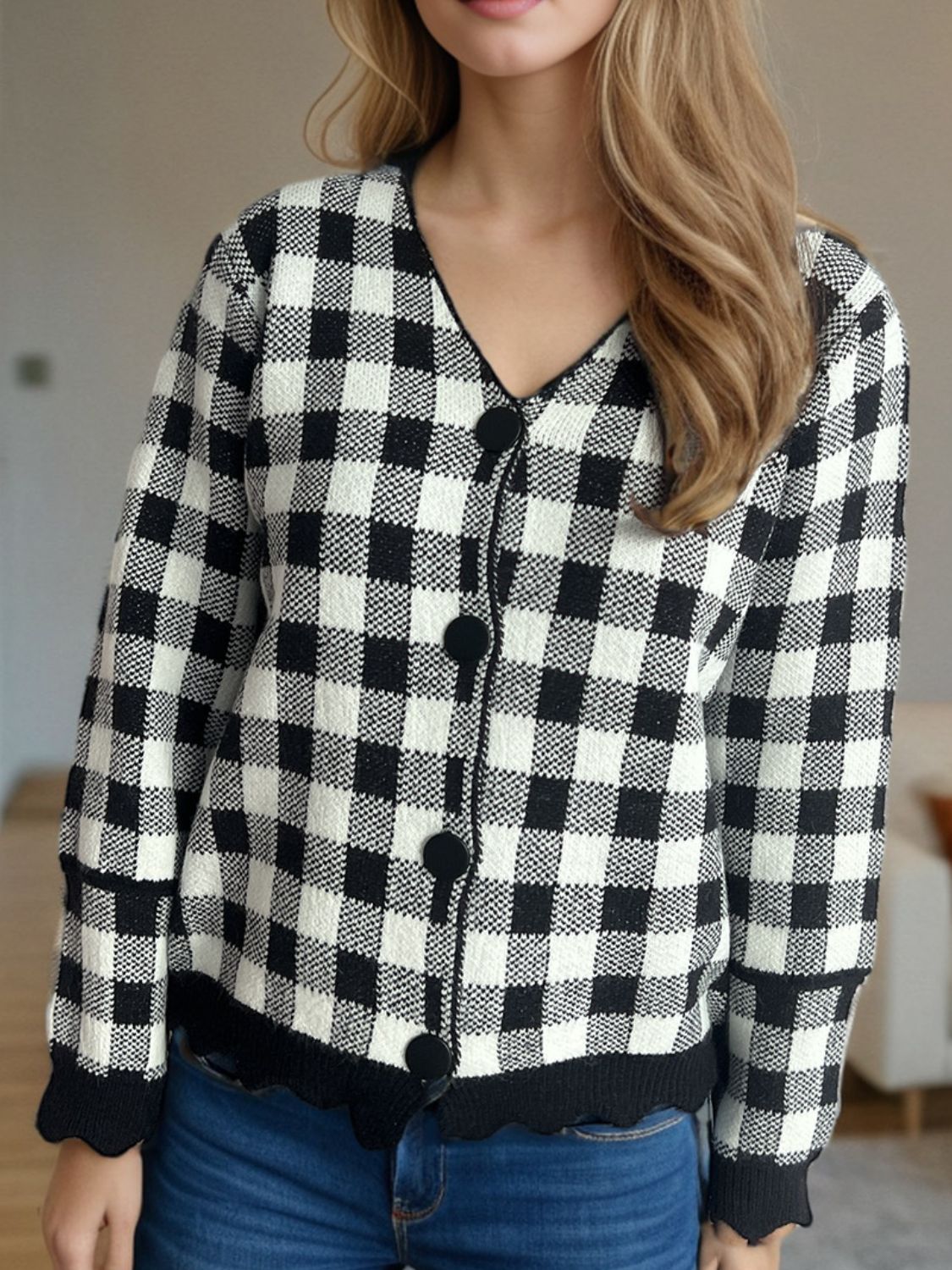 Plaid V-Neck Button Up Cardigan-Angel Casuals