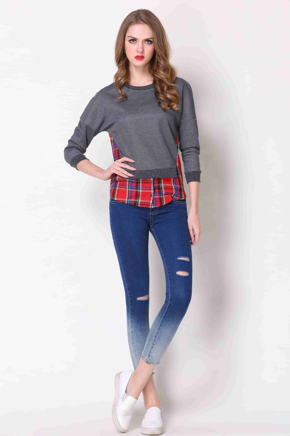 Full Size Plaid Patch Drop Shoulder Round Neck Top-Angel Casuals