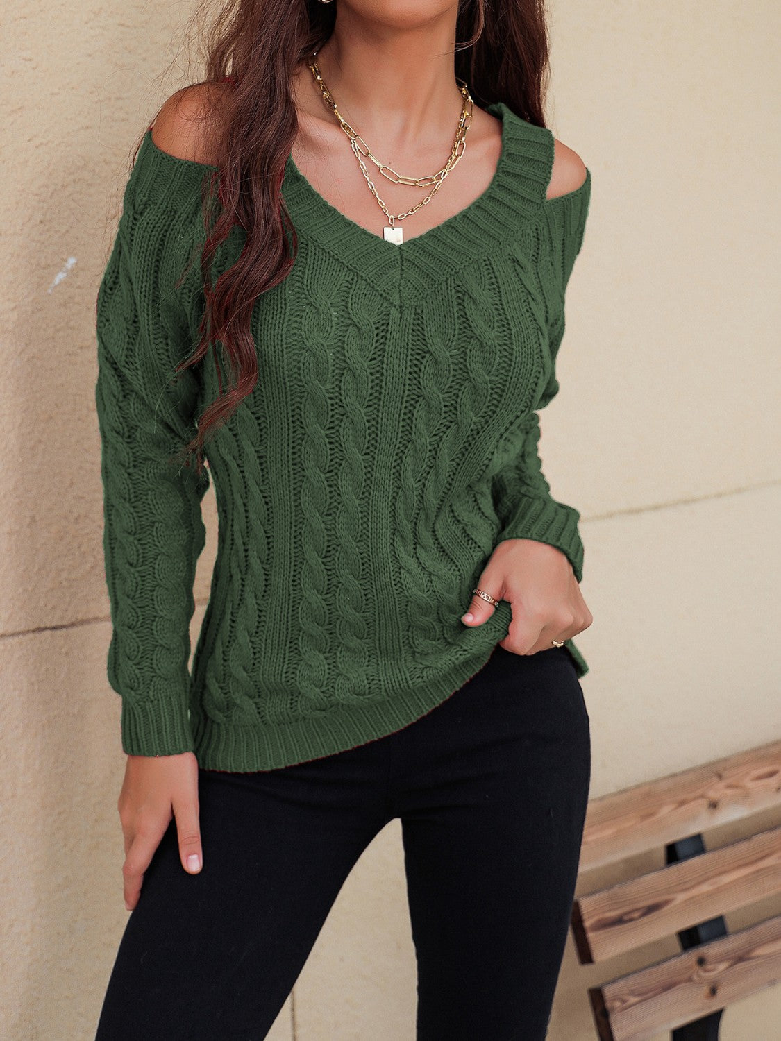 Honey Cable-Knit V-Neck Cold Shoulder Sweater-Angel Casuals