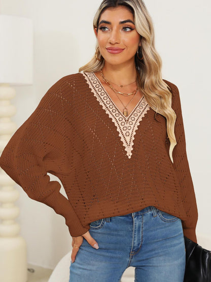 Lace Detail V-Neck Long Sleeve Sweater-Angel Casuals