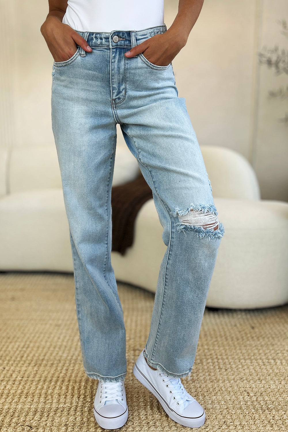 Judy Blue Full Size High Waist Distressed Straight Jeans-Angel Casuals