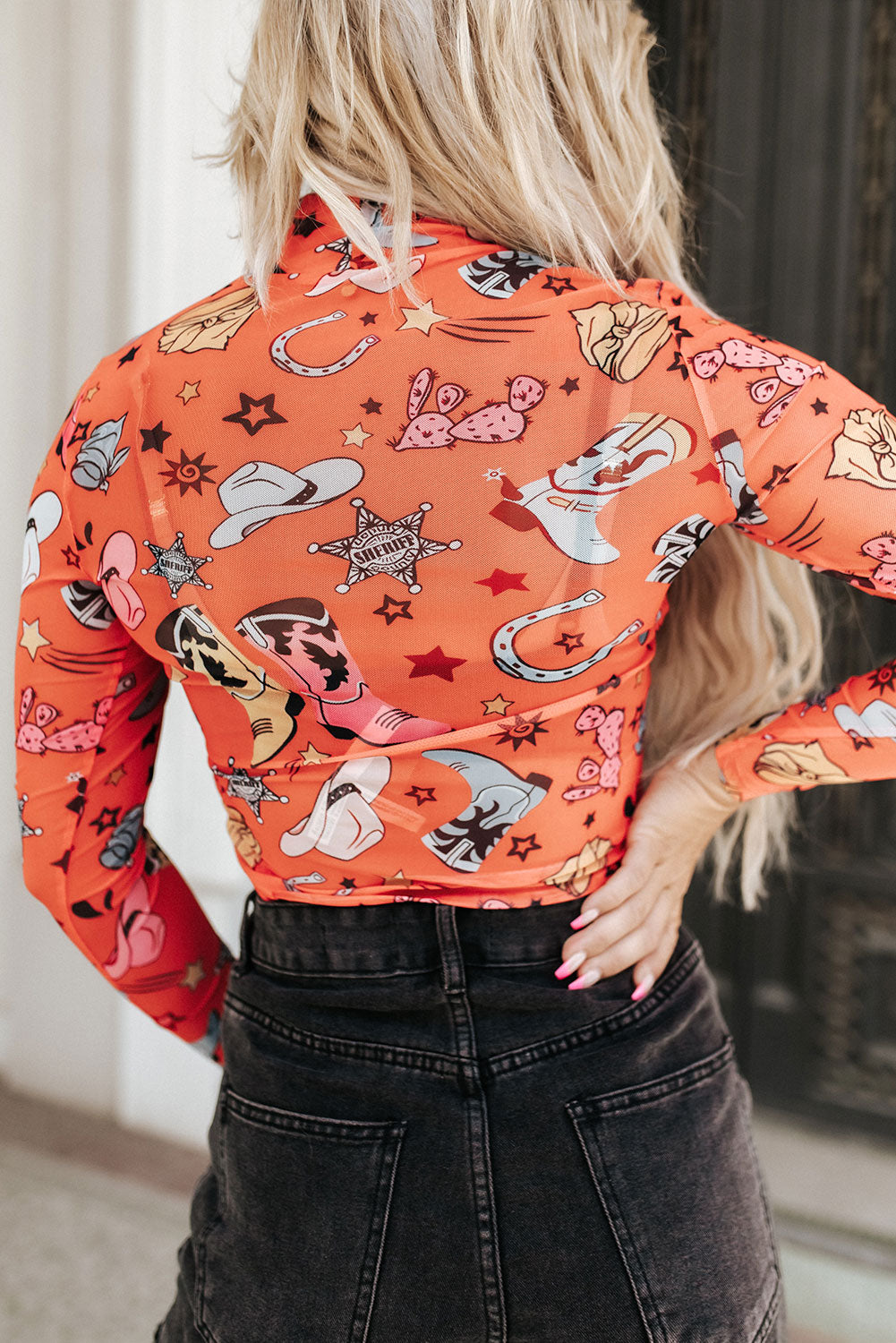 Printed Mock Neck Long Sleeve Bodysuit-Angel Casuals