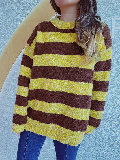 Striped Round Neck Long Sleeve Sweater-Angel Casuals