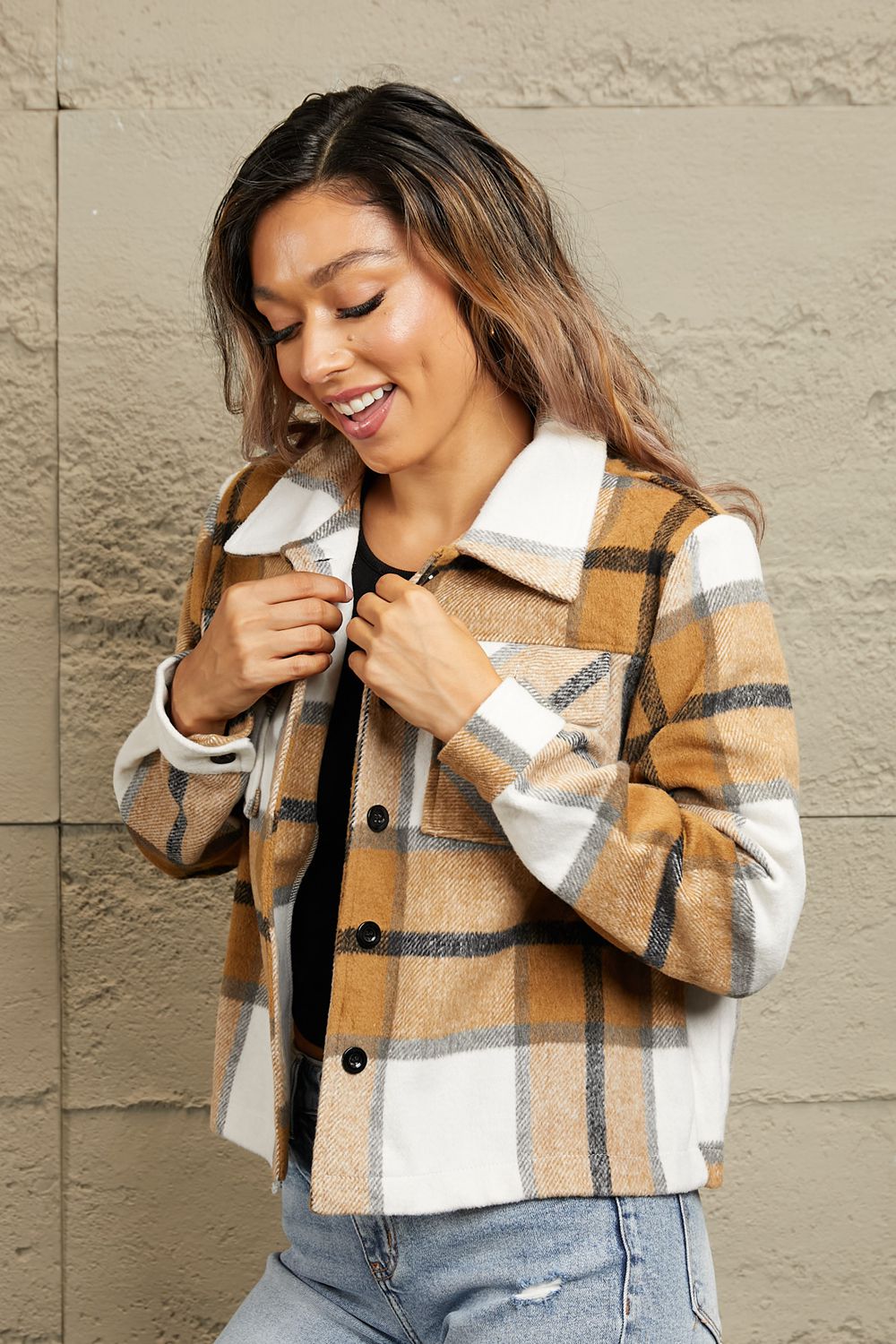 Plaid Collared Neck Jacket with Breast Pockets-Angel Casuals