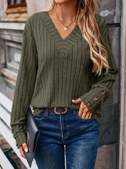 Ribbed V-Neck Long Sleeve T-Shirt-Angel Casuals