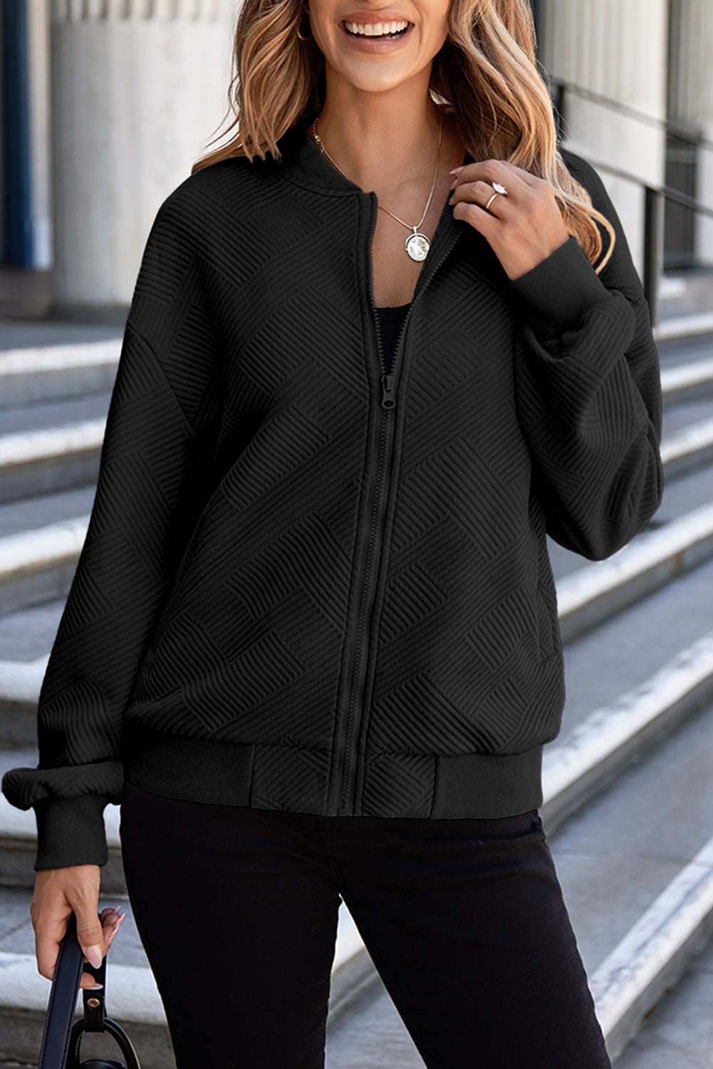 Texture Zip Up Baseball Collar Long Sleeve Jacket-Angel Casuals