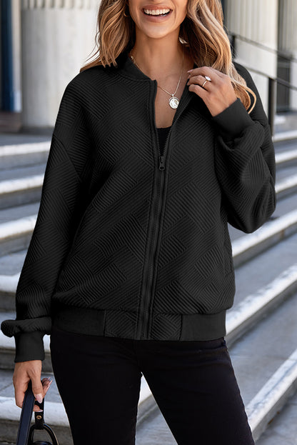 Texture Zip Up Baseball Collar Long Sleeve Jacket-Angel Casuals