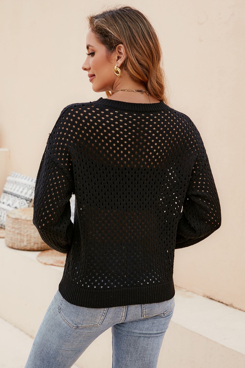 Round Neck Openwork Dropped Shoulder Knit Top-Angel Casuals