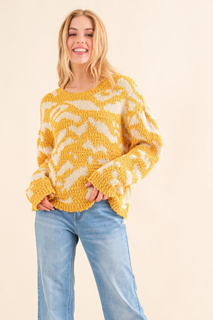 And The Why Full Size Textured Pattern Contrast Sweater-Angel Casuals