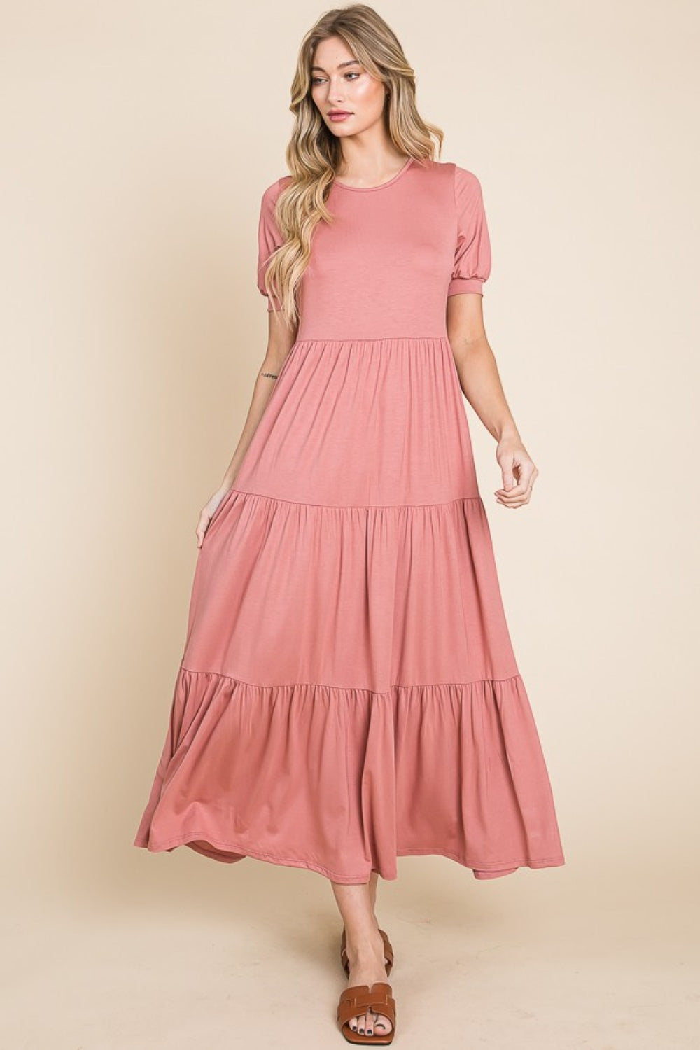 BOMBOM Short Sleeve Tiered Maxi Dress-Angel Casuals