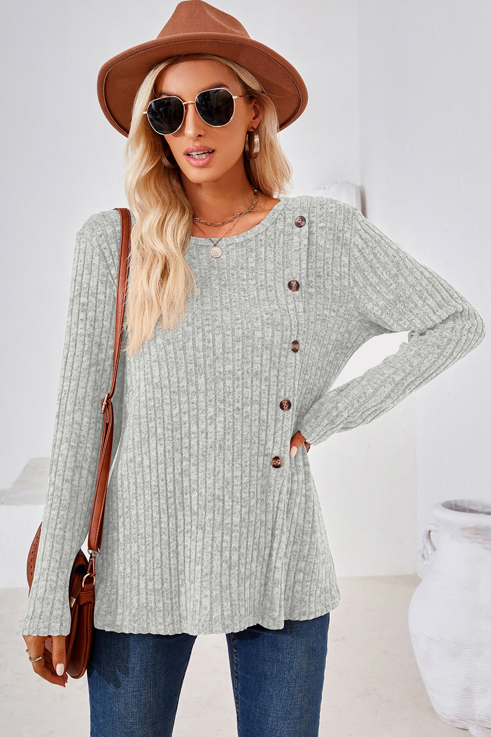 Round Neck Long Sleeve T-Shirt-Angel Casuals