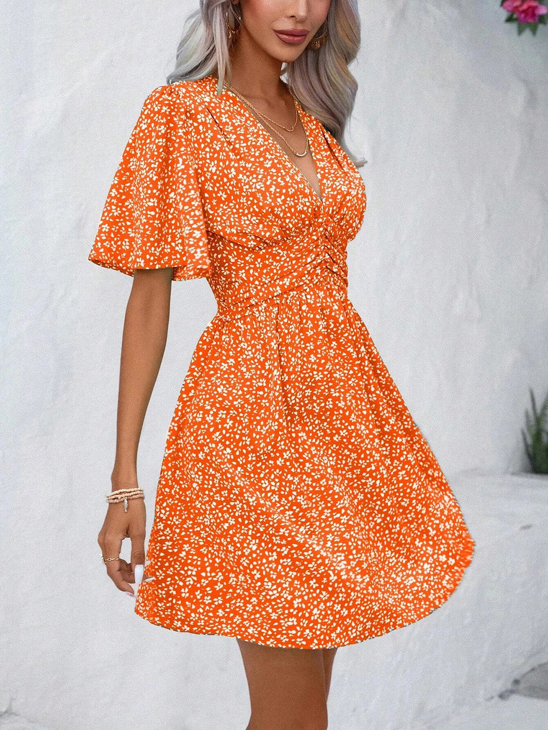 Printed V-Neck Half Sleeve Mini Dress-Angel Casuals