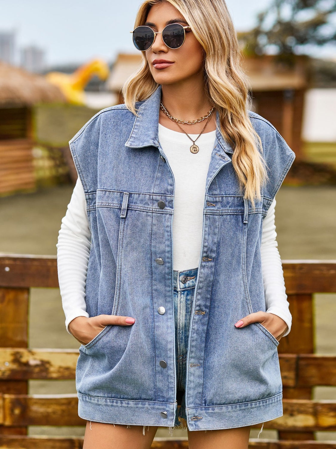 Button Up Collared Neck Sleeveless Denim Jacket-Angel Casuals