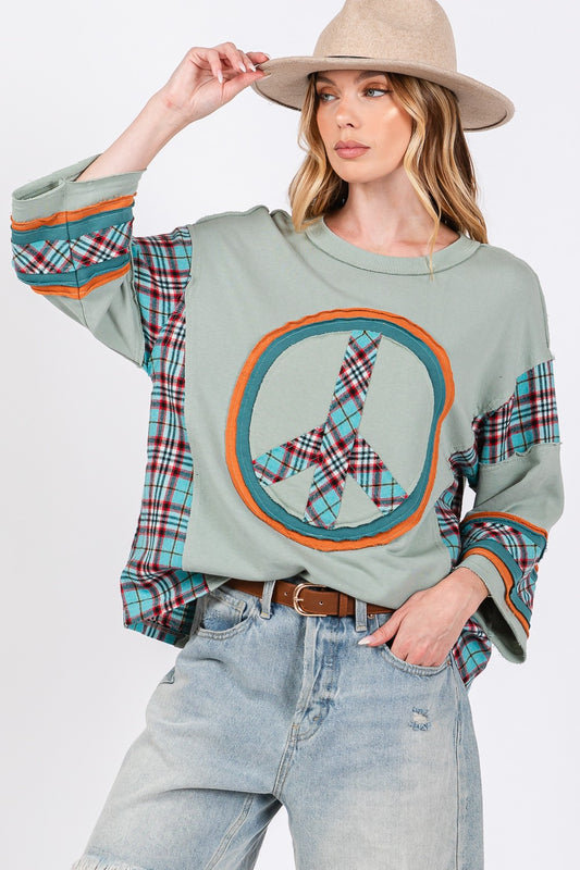 SAGE + FIG Peace Applique Patch Contrast Plaid Top-Angel Casuals