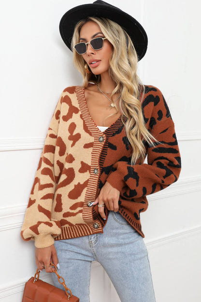 Leopard Button Front Ribbed Trim Cardigan-Angel Casuals