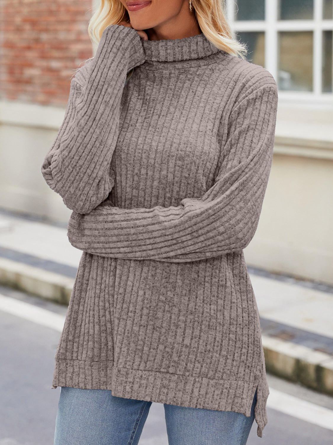 Ribbed Turtleneck Long Sleeve Slit Knit Top-Angel Casuals