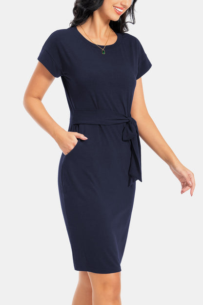 Tie Front Round Neck Short Sleeve Dress-Angel Casuals