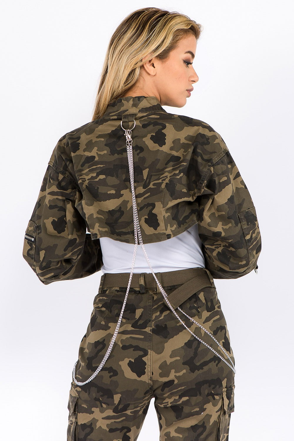 American Bazi Camouflage Cropped Jacket with Chains-Angel Casuals