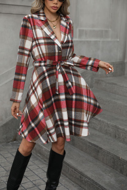 Plaid Tie Waist Long Sleeve Outerwear-Angel Casuals