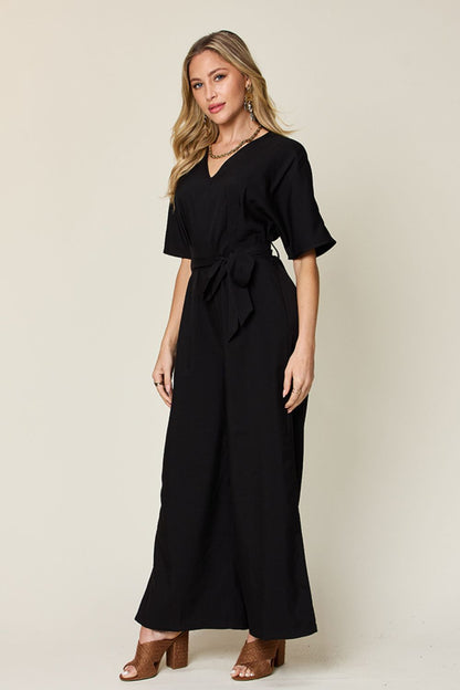 Double Take Full Size V-Neck Tie Front Short Sleeve Slit Jumpsuit-Angel Casuals