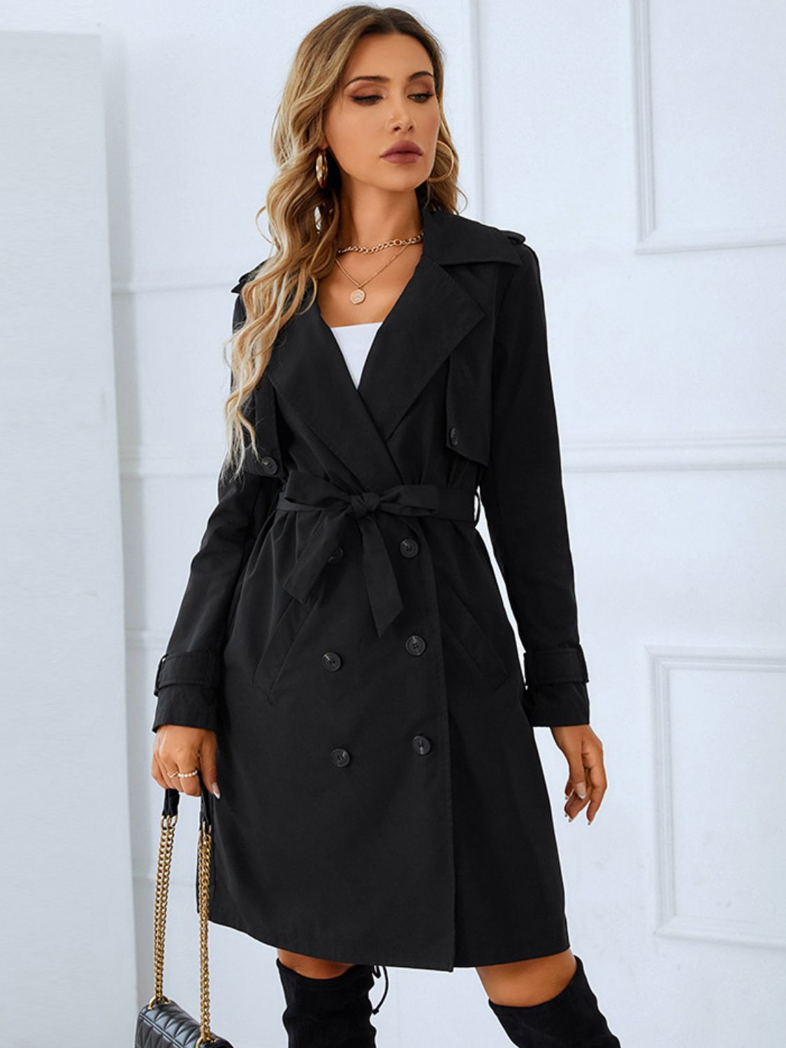 Lapel Collar Tie Belt Double-Breasted Trench Coat-Angel Casuals