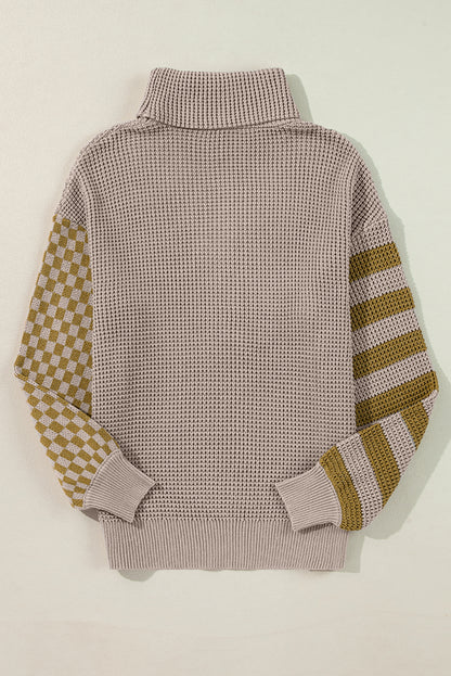 Striped & Checkered Turtleneck Dropped Shoulder Sweater-Angel Casuals