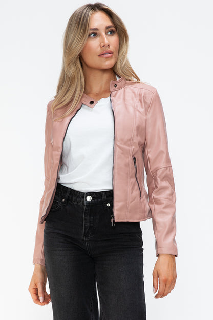 Snobbish Faux Leather Zip Up Drawstring Hooded Jacket-Angel Casuals