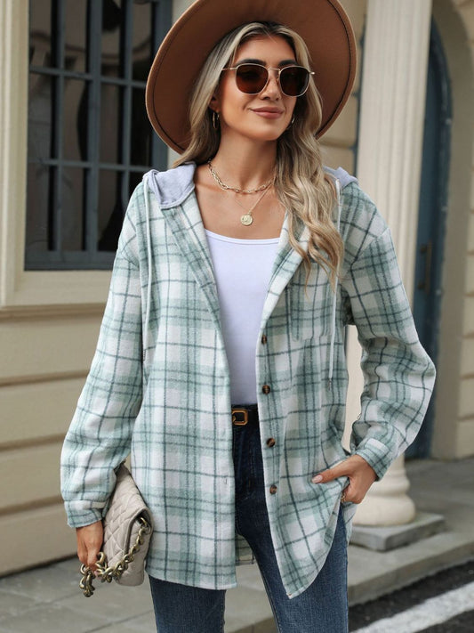 Drawstring Plaid Button Up Hooded Jacket-Angel Casuals