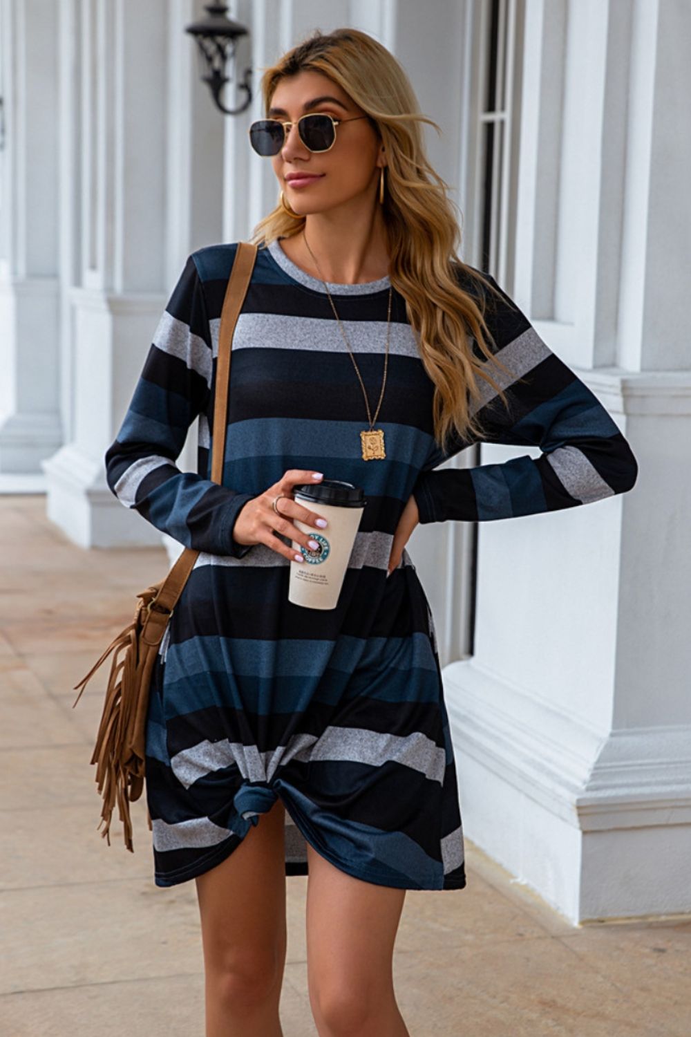 Striped Round Neck Long Sleeve Dress-Angel Casuals
