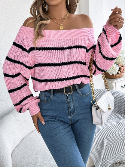 Striped Off-Shoulder Long Sleeve Sweater-Angel Casuals