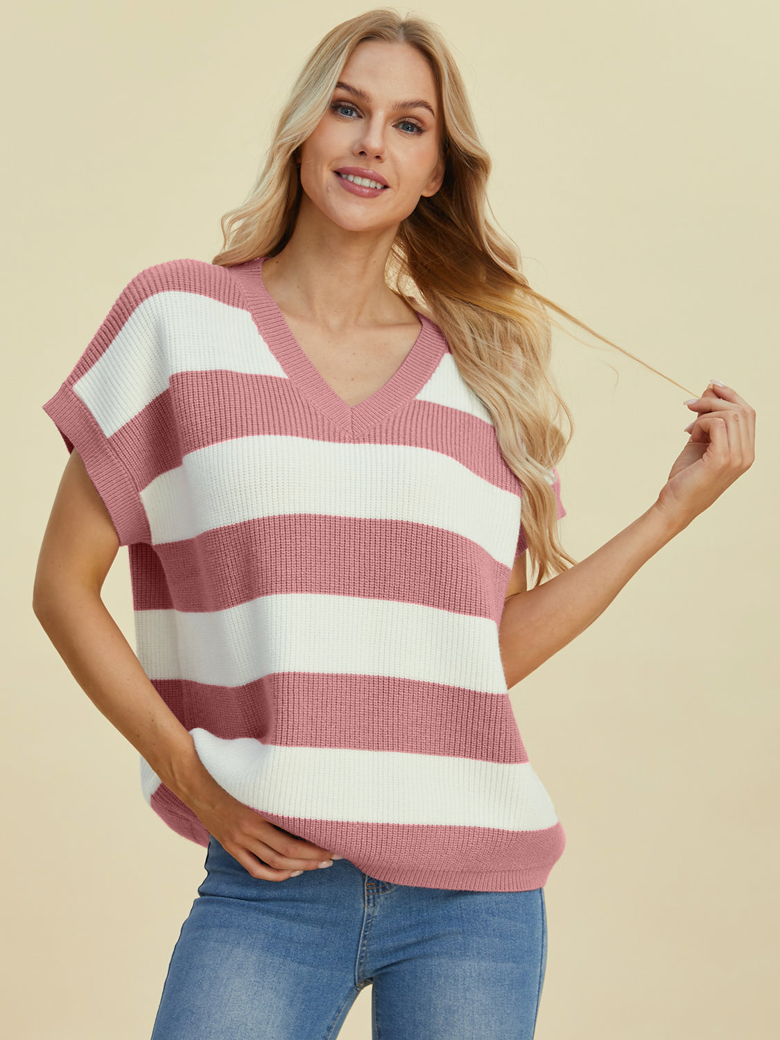 Double Take Full Size Striped V-Neck Short Sleeve Sweater-Angel Casuals