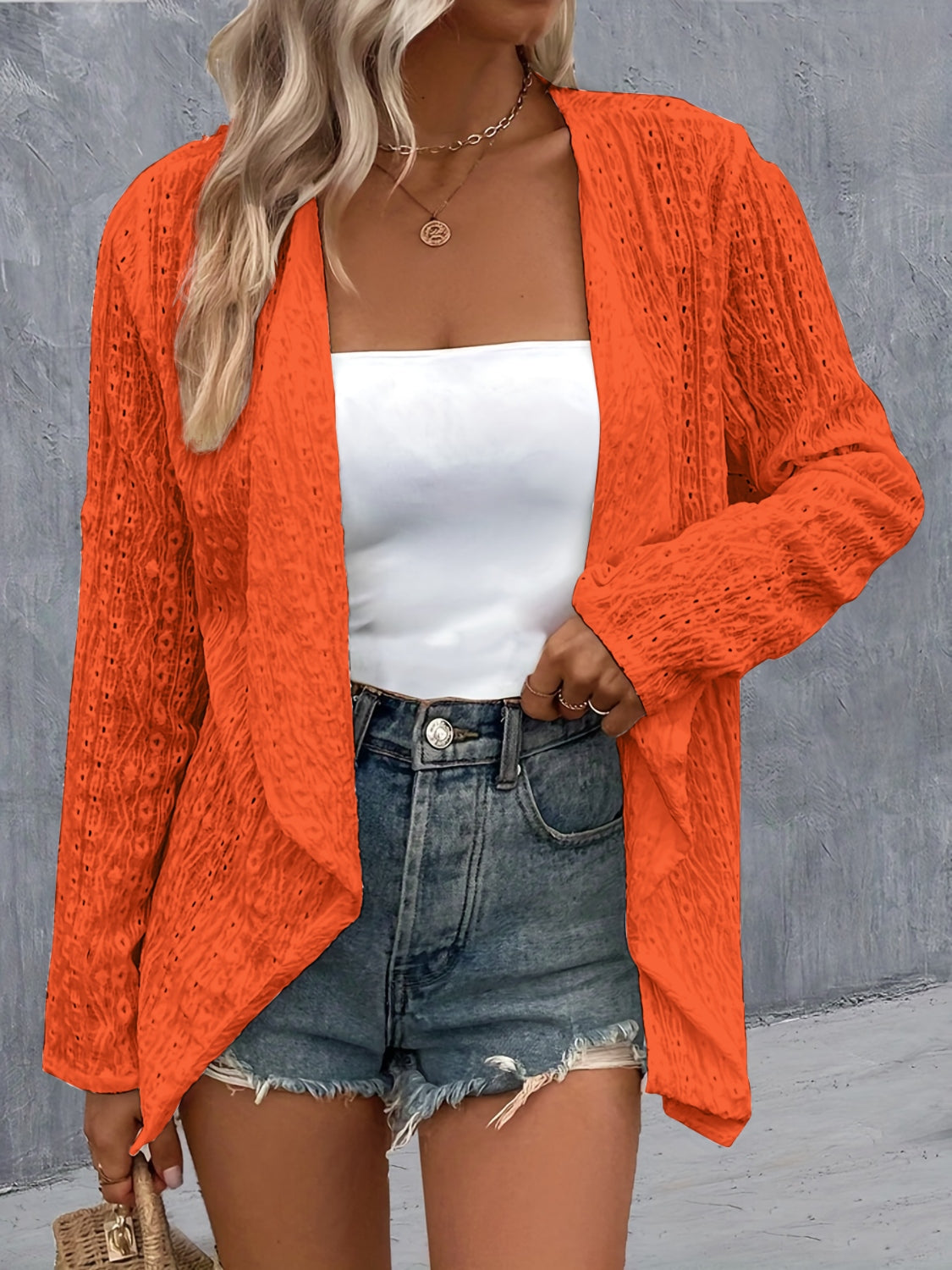 Eyelet Roll-Tab Sleeve Cardigan-Angel Casuals