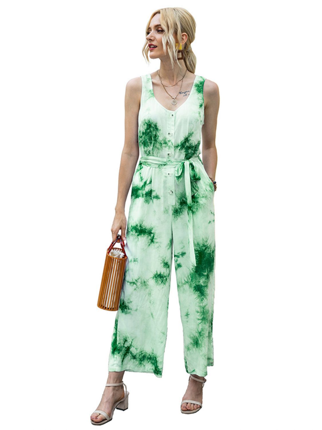 Tie-Dye Tie Waist Sleeveless Jumpsuit-Angel Casuals