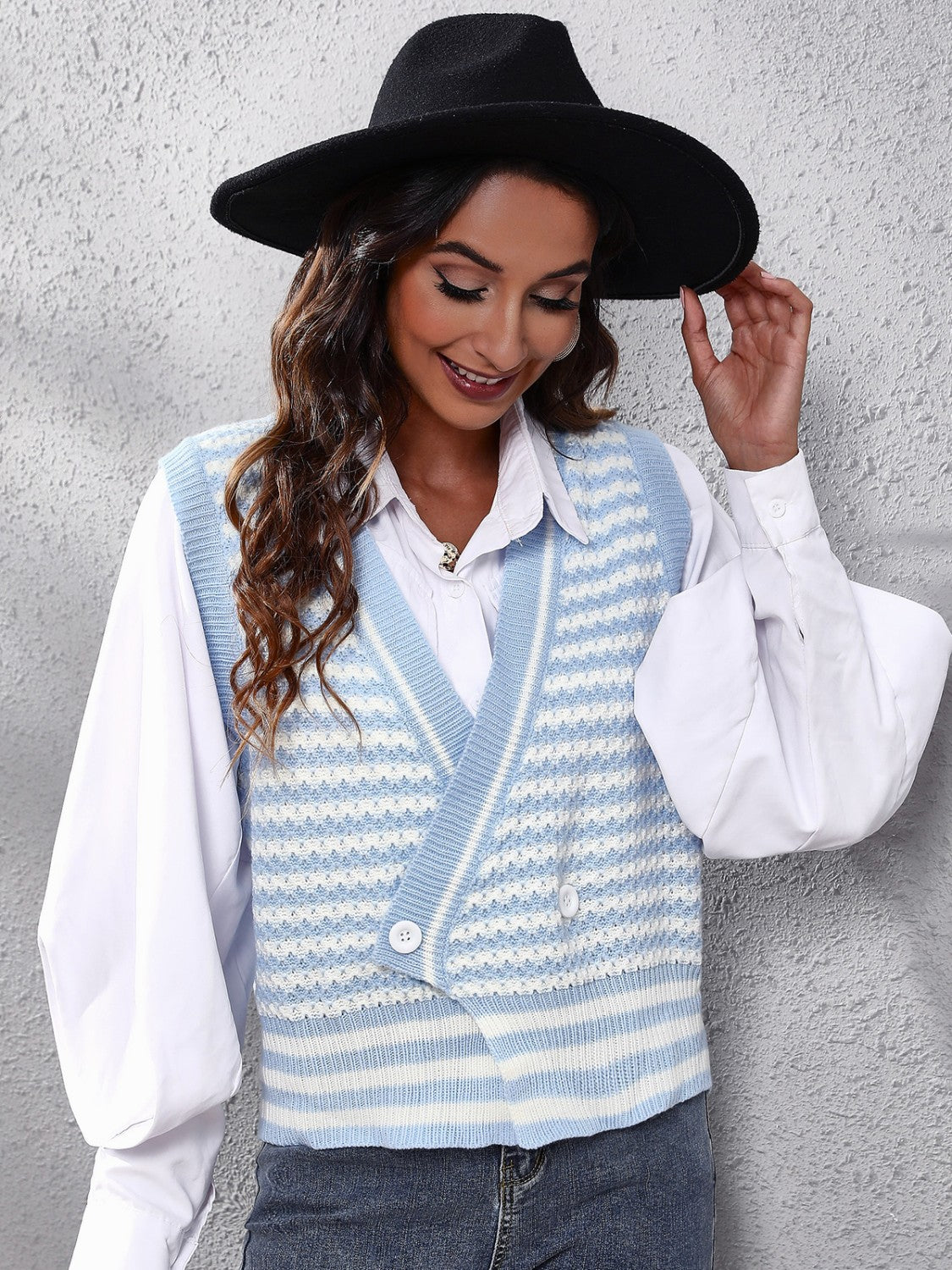 Striped Button Up V-Neck Sweater Vest-Angel Casuals