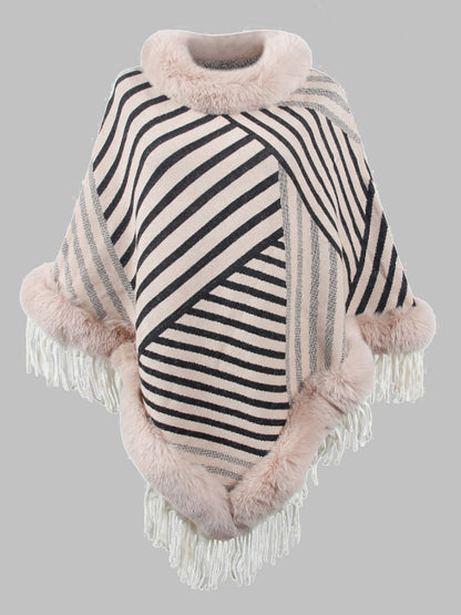 Striped Fringe Hem Poncho-Angel Casuals