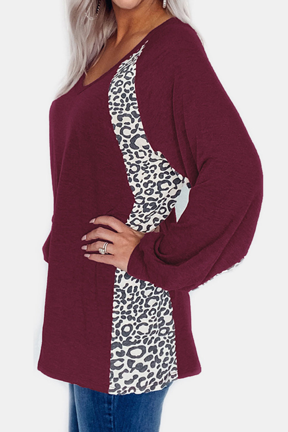 Full Size Leopard V-Neck Long Sleeve T-Shirt-Angel Casuals