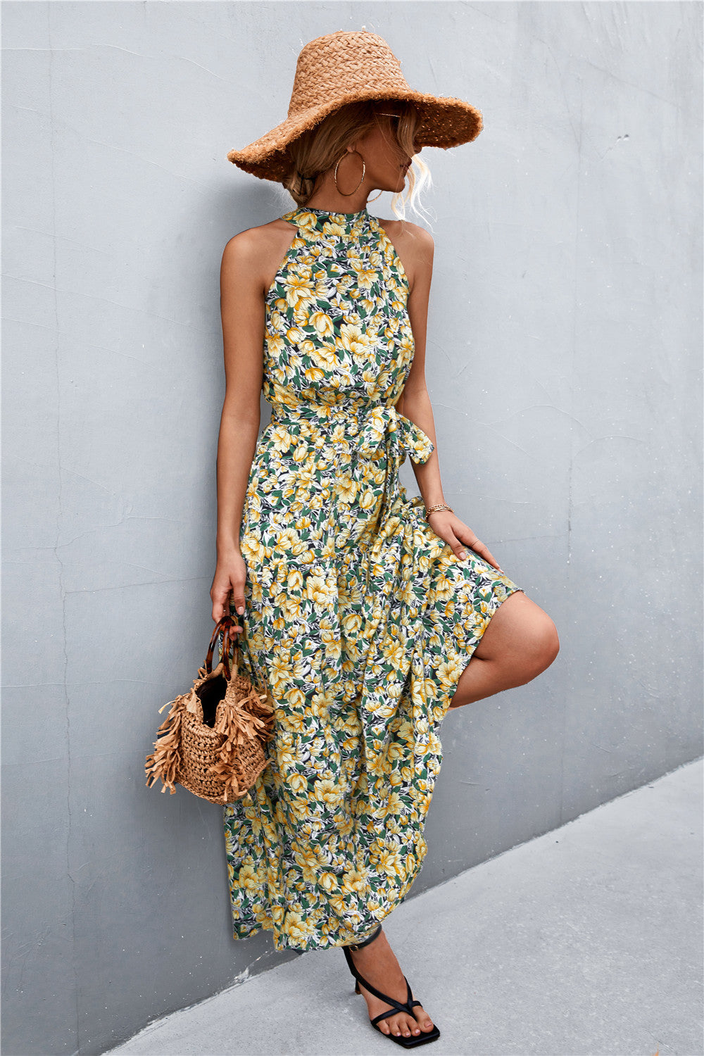 Printed Sleeveless Tie Waist Maxi Dress-Angel Casuals