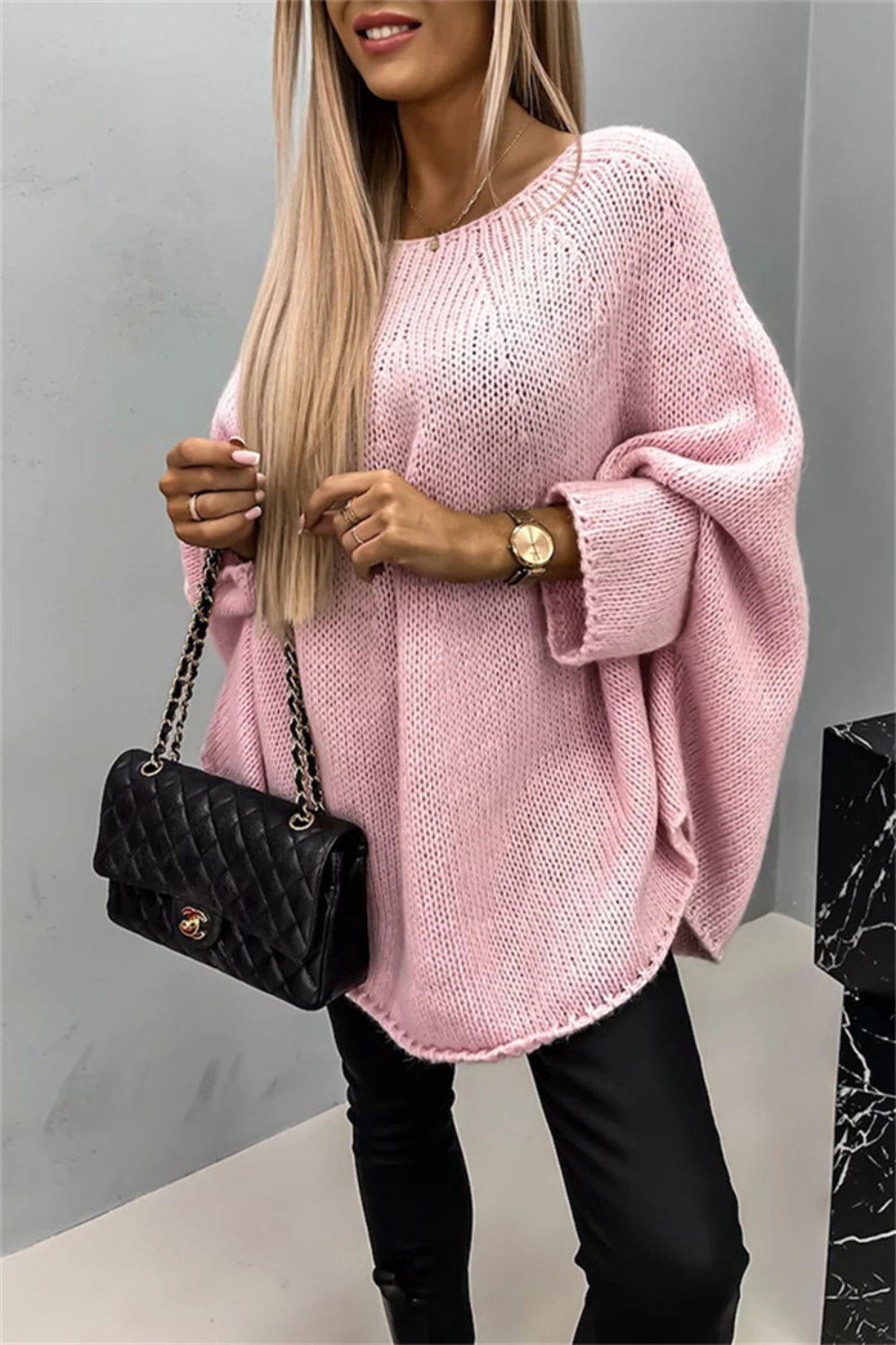 Round Neck Batwing Sleeve Sweater-Angel Casuals